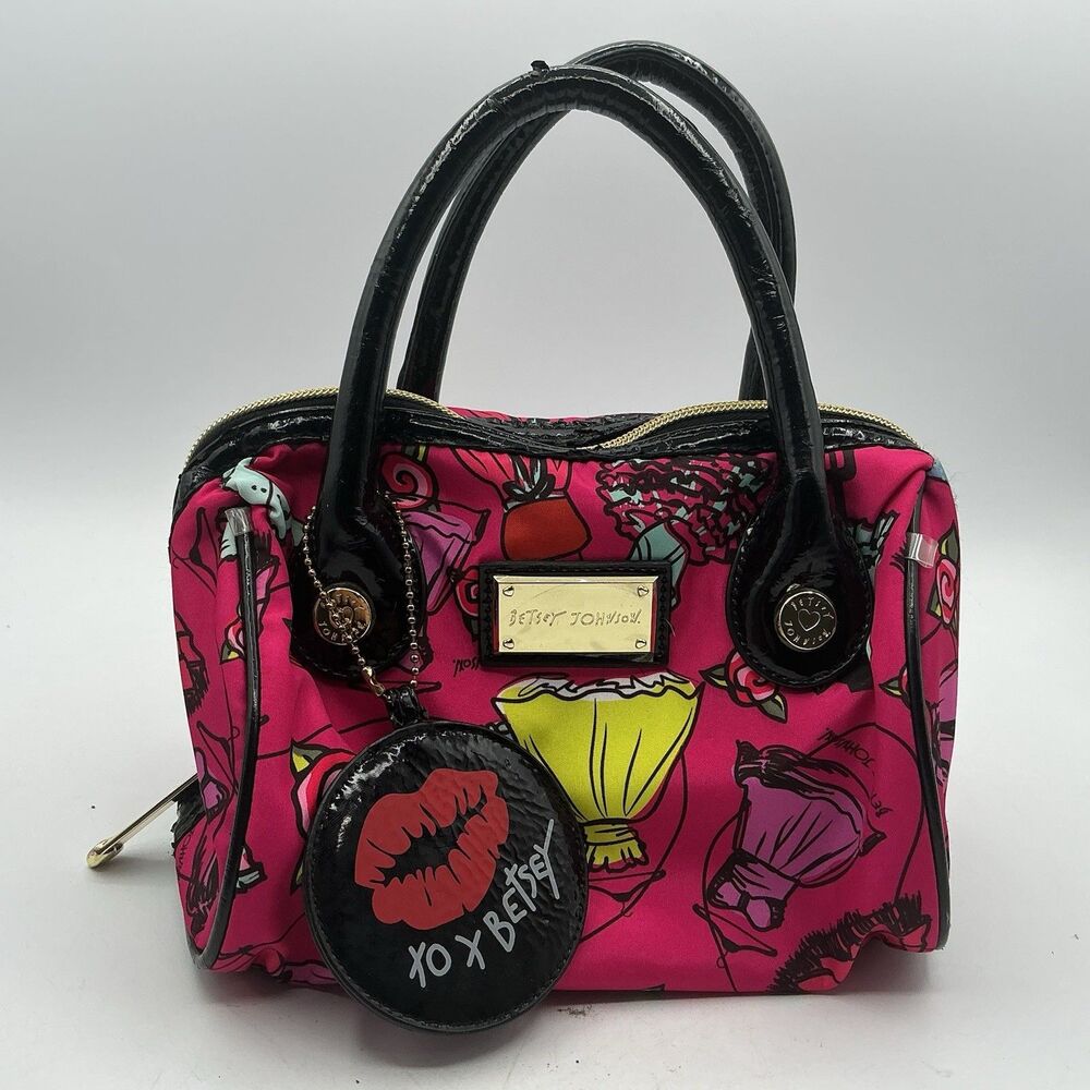 Betsey Johnson Pink Print Mini Satchel Handbag Purse Lips Coin Pouch Y2K